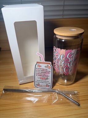 Best Mom Ever Glass Tumbler with Bamboo Lid - Pink Accents